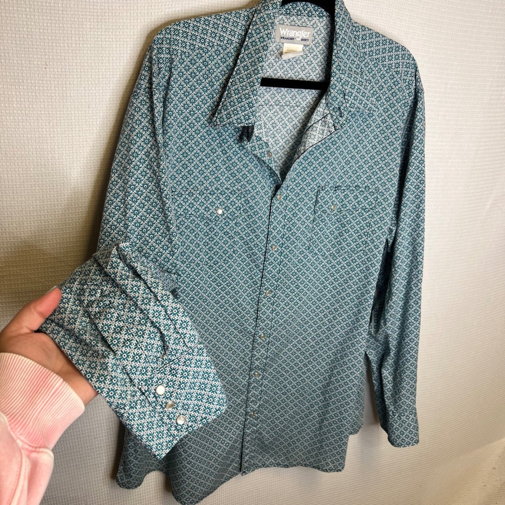 Wrangler Wrancher Mens 2XT Tall Teal Geometric Western Pearl Snap Shirt MTW1465